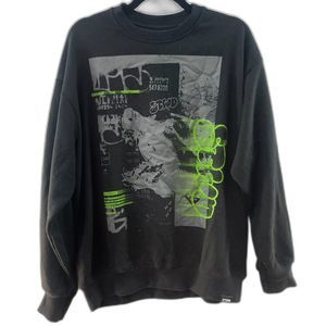 Pull&Bear STWD Black Crew Neck Crewneck Long Sleeve Sweatshirt Neon Print Large